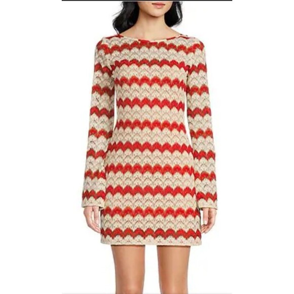 Chelsea & Violet Leia Woven Stripe Boat Neck Long Sleeve Dress size M zigzag - Picture 1 of 14